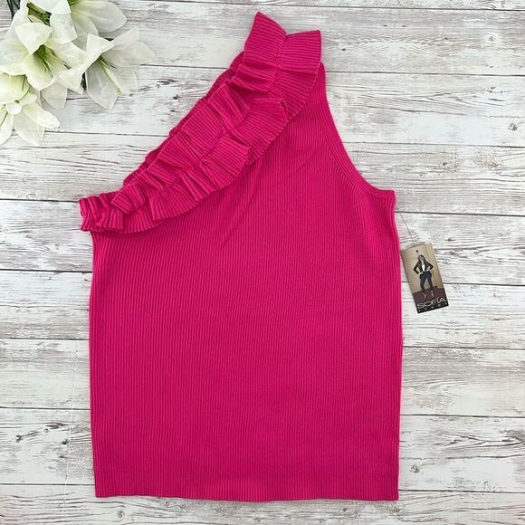 Sofia Vergara One Shoulder Ruffled Knit Tank Top Shirt Size L - Picture 2 of 8